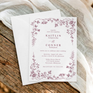 Convite Casamento Floral Francês Vintage Escuro Vinho Tint