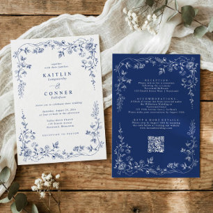 Convite Casamento Floral Francês Vitoriano Azul Marinho Vi