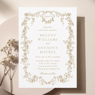 Convite Casamento Floral Francês Vitoriano Clássico Dourad