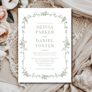 Convite Casamento Floral Francês Vitoriano Verde Sage