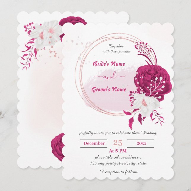 Convite casamento floral fuchsia e branco (Frente/Verso)