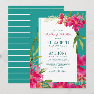 Convite Casamento Floral Fuchsia Turquoise Watercolor