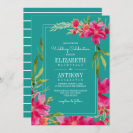 Convite Casamento Floral Fuchsia Turquoise Watercolor