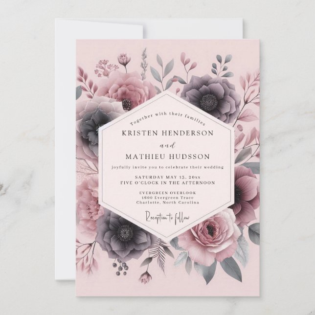 Convite Casamento Floral Fumê Rosa Malva (Frente)