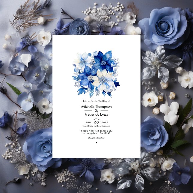Convite Casamento Floral Galáctico Cobalto e Prata (Criador carregado)