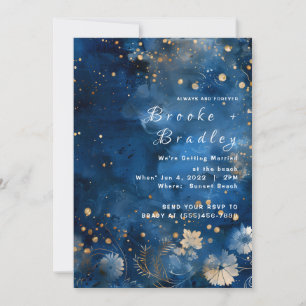 Convite Casamento Floral Galáxia Azul Meia-Noite