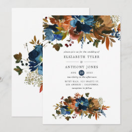 Convite Casamento Floral Gengibre e Azul-Navio