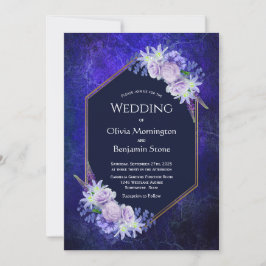 Convite Casamento Floral Geométrico Azul-Marinho Elegante