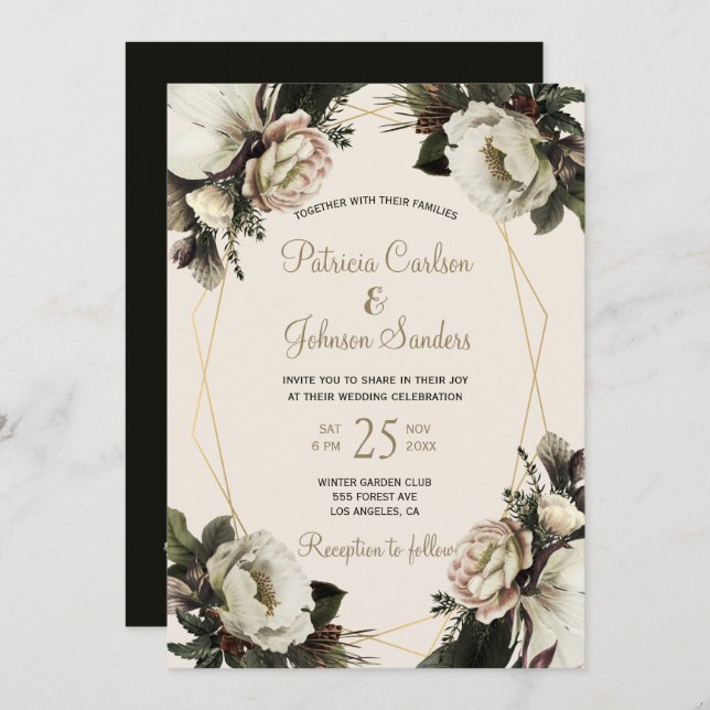 Convite Casamento floral geométrico de inverno elegante do (Frente/Verso)