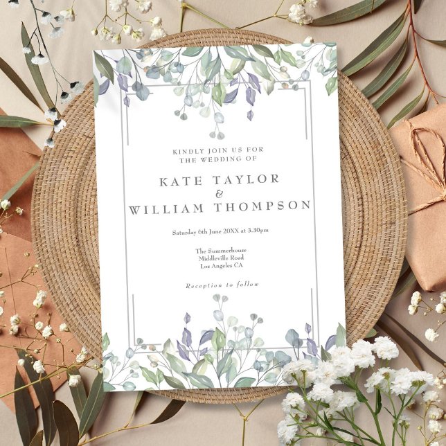 Convite Casamento Floral Geométrico de Salvia e Lilás (Sage And Lilac Floral Geometric Wedding Invitation)