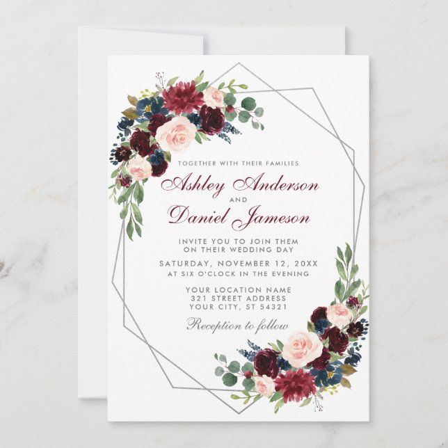Convite Casamento Floral Geométrico de Silver Blue Burgund (Frente)