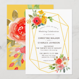 Convite Casamento Floral Geométrico Dourado Moderno de Pri