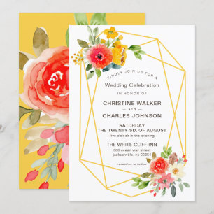 Convite Casamento Floral Geométrico Dourado Moderno de Pri