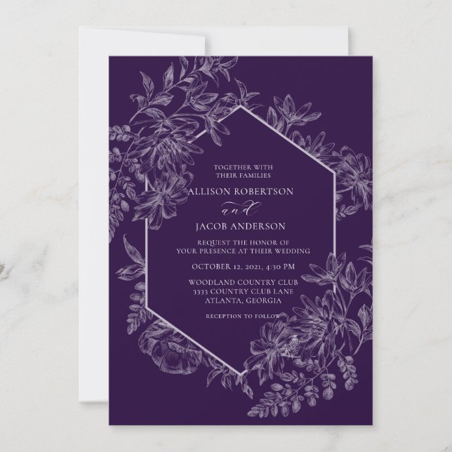 Convite Casamento Floral Geométrico e Roxo Elegante (Frente)
