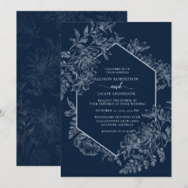 Convite Casamento Floral Geométrico Elegante Azul e Branco