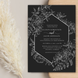 Convite Casamento Floral Geométrico Elegante Preto e Branc