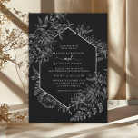 Convite Casamento Floral Geométrico Elegante Preto e Branc<br><div class="desc">A cor elegante e o design geométrico tornam este convite espantoso. Este design apresenta um dramático fundo preto,  um adorável desenho botânico floral desenhado,  e tipografia personalizada com uma borda geométrica na frente. O verso apresenta uma lindíssima tapeçaria floral.</div>