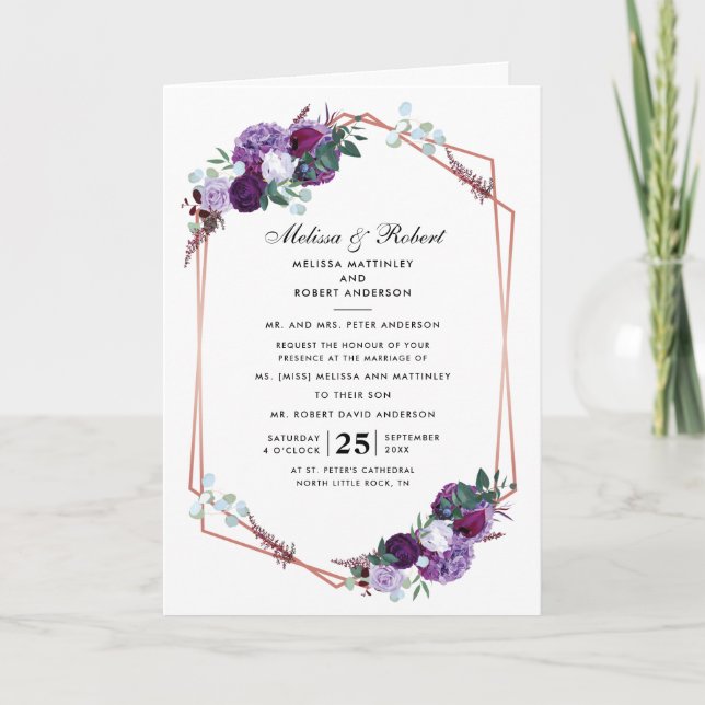 Convite Casamento Floral Geométrico em Roxo (Frente)
