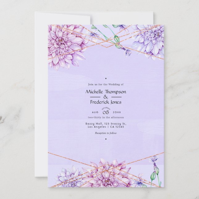 Convite Casamento Floral Geométrico Lavanda e Dourado Rosa (Frente)