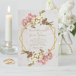 Convite Casamento Floral Geométrico Mármore Dourado e Flor
