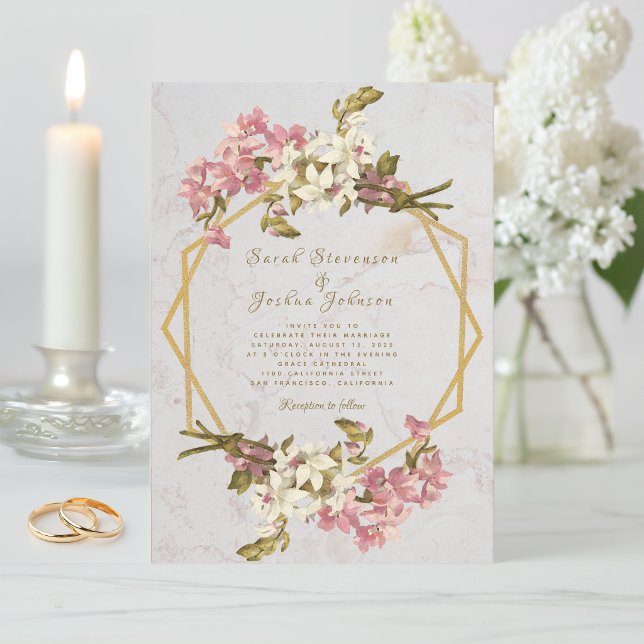 Convite Casamento Floral Geométrico Mármore Dourado e Flor (Criador carregado)