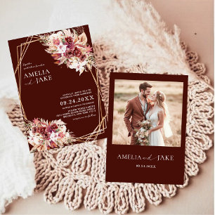 Convite Casamento Floral Geométrico Moderno em Burgundy Do