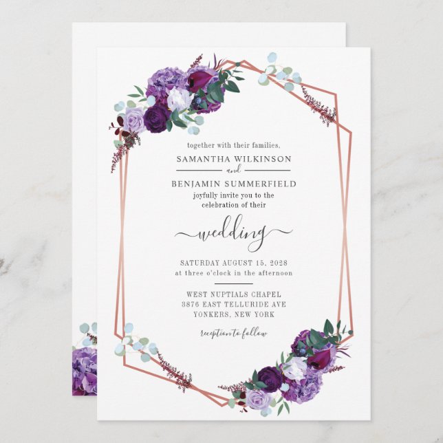 Convite Casamento Floral Geométrico Moderno Verde Roxo (Frente/Verso)