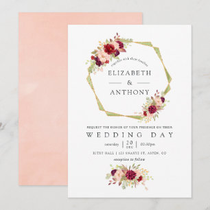 Convite Casamento Floral Geométrico Rosa Bege e Borgonha