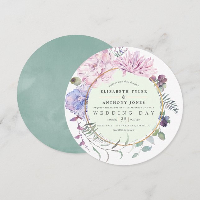 Convite Casamento Floral Geométrico Rosa e Menta (Frente/Verso)