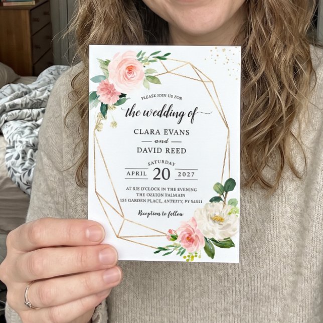 Convite Casamento Floral Geométrico Rosa Simplesmente Eleg (Criador carregado)
