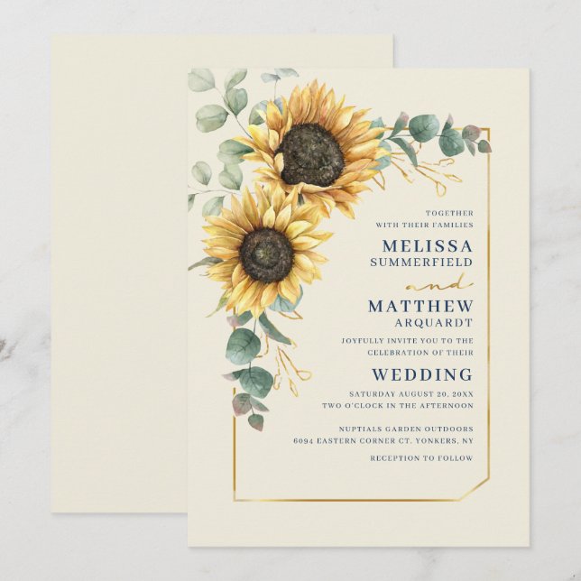 Convite Casamento Floral Girassol Eucalipto Script (Frente/Verso)