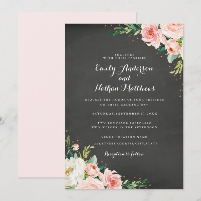 Convite Casamento Floral Giz Quadro Bege Dourado (Frente/Verso)