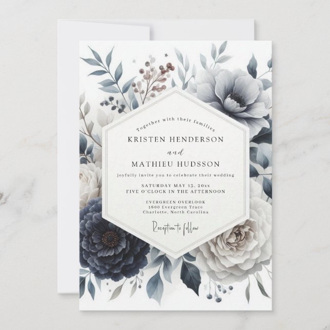 Convite Casamento Floral Glacial Azul Ardesia (Frente)