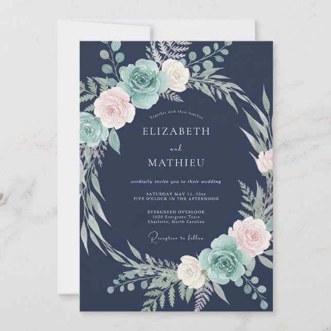 Convite Casamento Floral Glacial Azul Marinho (Frente)
