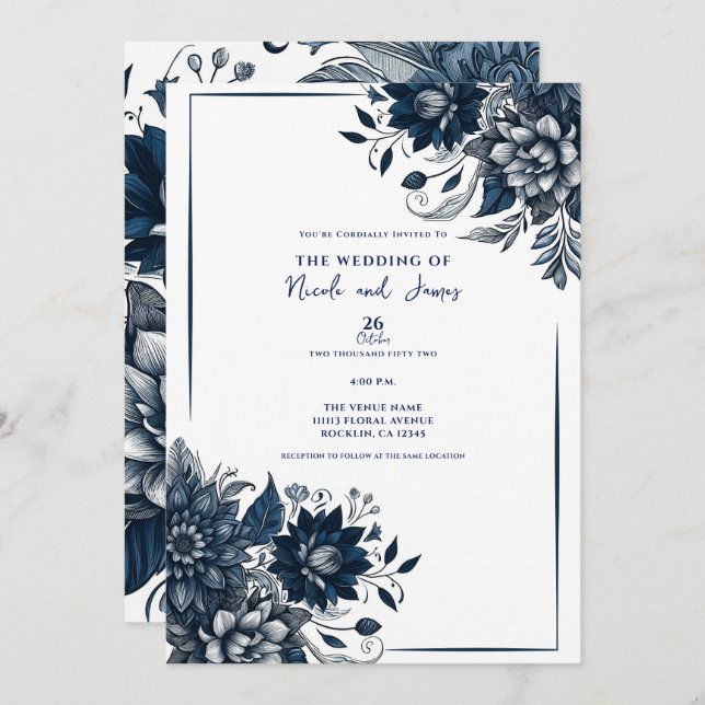 Convite Casamento Floral Glam Boêmian Azul e Branco (Frente/Verso)