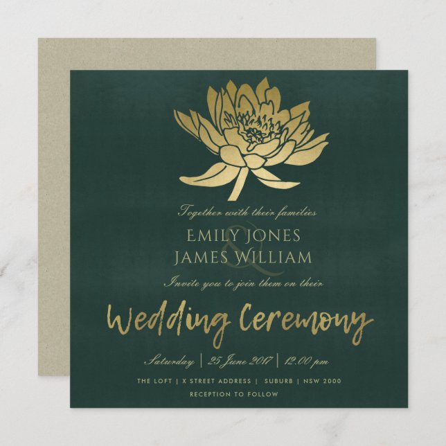 CONVITE CASAMENTO FLORAL GLAMOROSO ESCURO DOURADO VERDE LO (Frente/Verso)