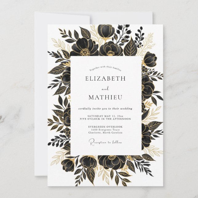 Convite Casamento Floral Glamouroso Ouro Preto (Frente)