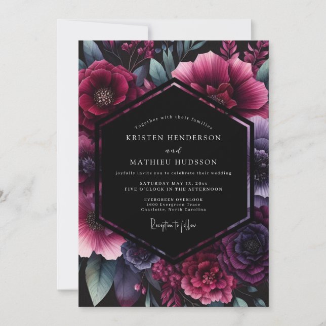 Convite Casamento Floral Gótico Ameixa (Frente)