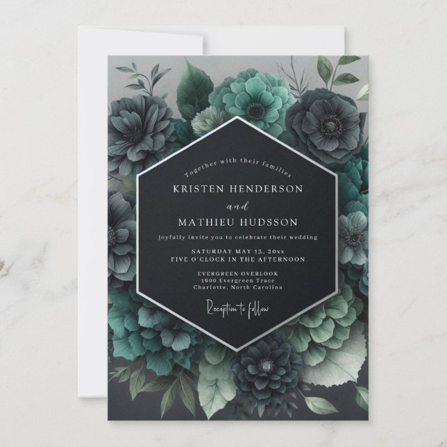 Convite Casamento Floral Gótico Azul (Frente)