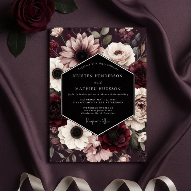 Convite Casamento Floral Gótico Borgonha (Criador carregado)