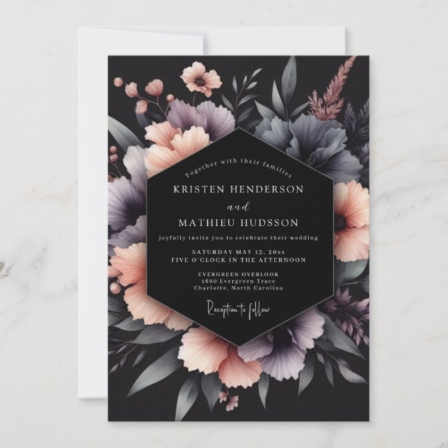 Convite Casamento Floral Gótico Carvão & Blush (Frente)