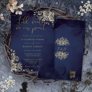 Convite Casamento Floral Gótico Dourado e Azul Meia-Noite