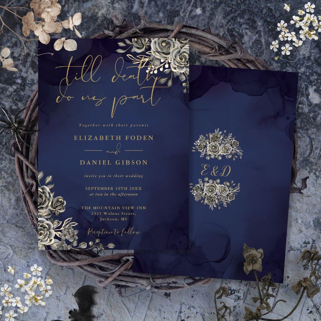 Convite Casamento Floral Gótico Dourado e Azul Meia-Noite (Gothic Floral Gold And Midnight Blue Wedding Invitation)