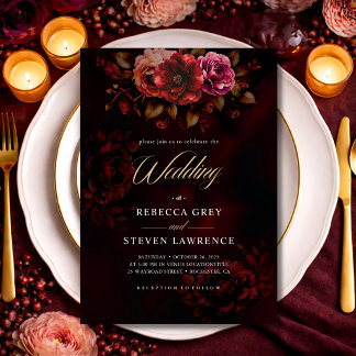 Convite Casamento Floral Gótico Elegante Vermelho Preto Ma