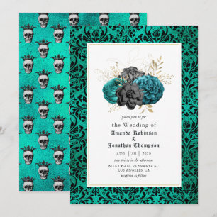 Convite Casamento Floral Gótico em Verde-azulado, Preto e