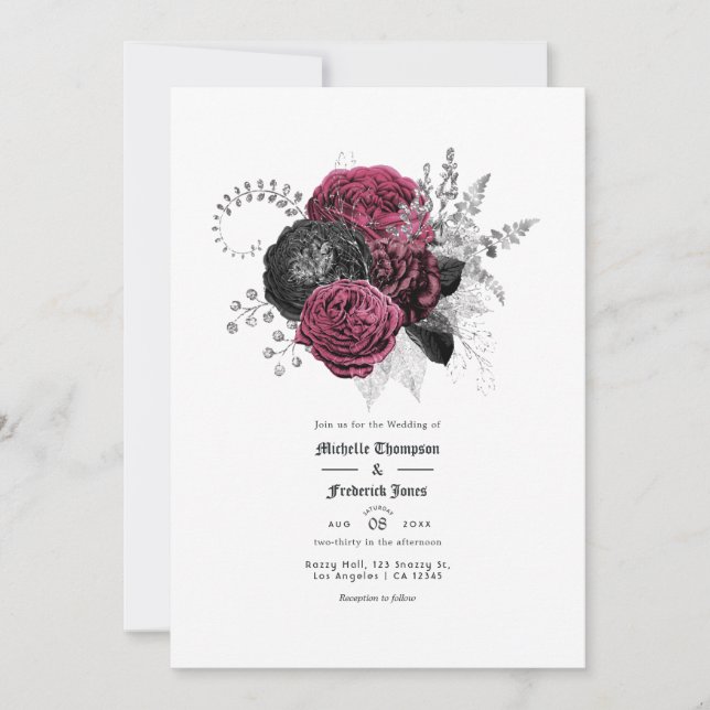 Convite Casamento Floral Gótico Marsala, Preto e Prata (Frente)