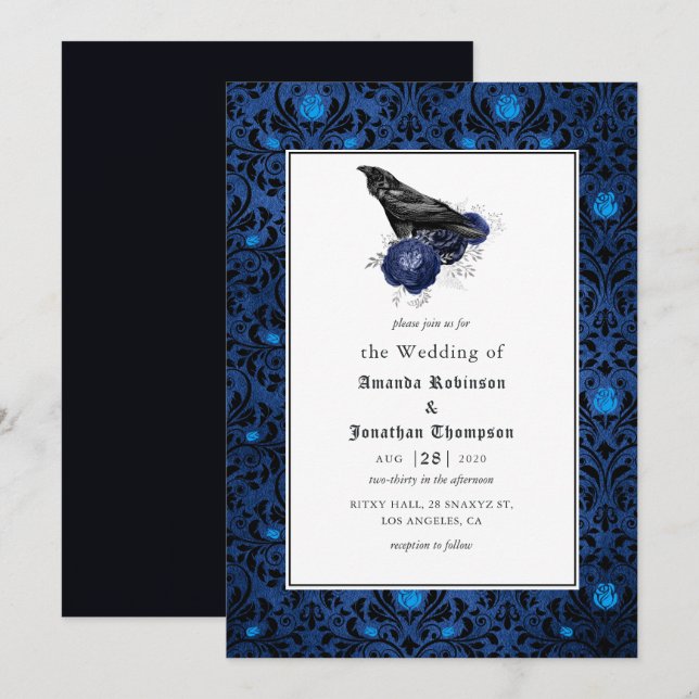 Convite Casamento Floral Gótico Preto e Azul (Frente/Verso)