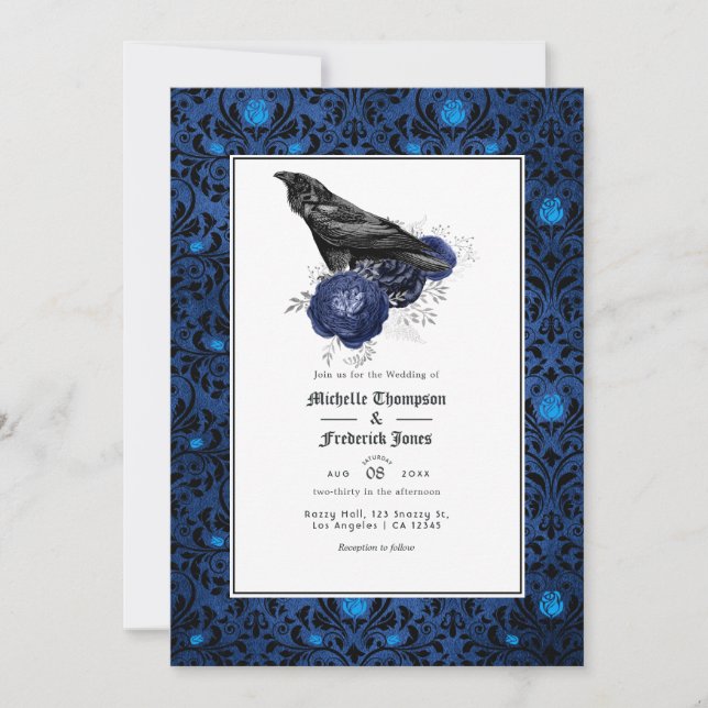 Convite Casamento Floral Gótico Preto e Azul (Frente)
