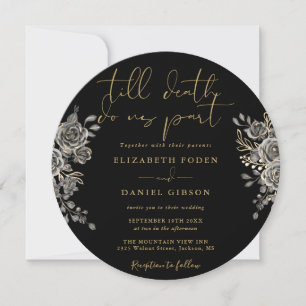 Convite Casamento Floral Gótico Preto e Dourado Rosas