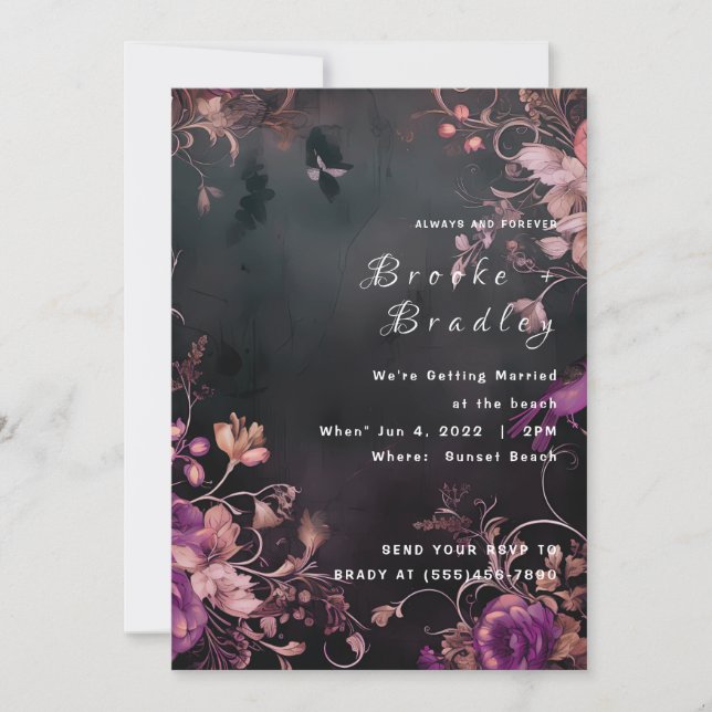Convite Casamento Floral Gótico Preto e Fúcsia (Frente)